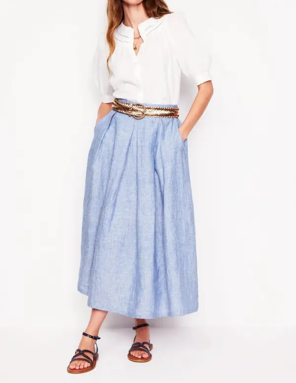 Light Blue Denim Pleated Midi Skirt