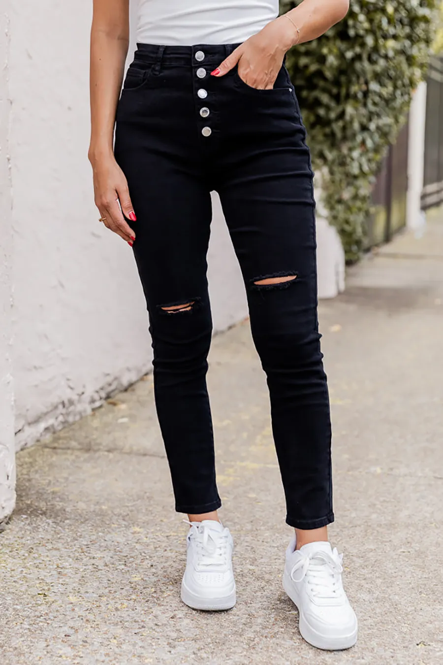 Black Button Fly Distressed Skinny Jeans