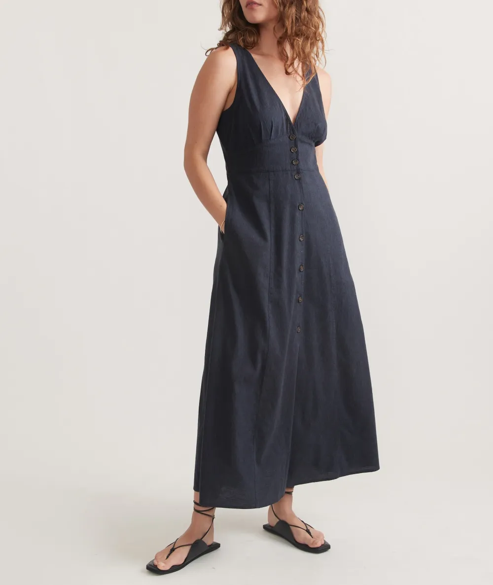 Navy Button-Down Sleeveless Midi Dress