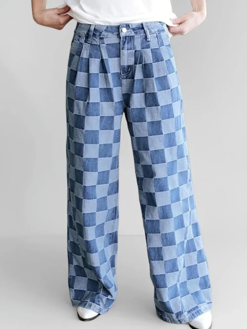 Plaid Denim Wide-Leg Jeans – Soft Material with High-Rise Comfortable Fit