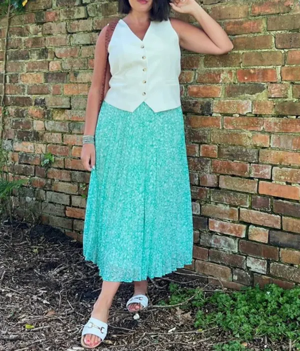 Green Swirling Animal Pleated Midi Skirt