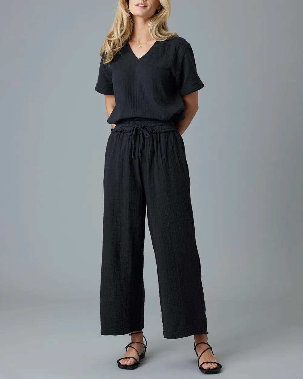 Black Drawstring Wide Leg Lounge Pant
