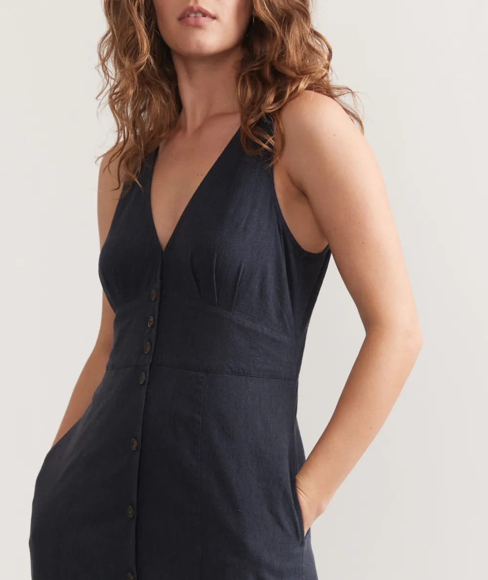 Navy Button-Down Sleeveless Midi Dress