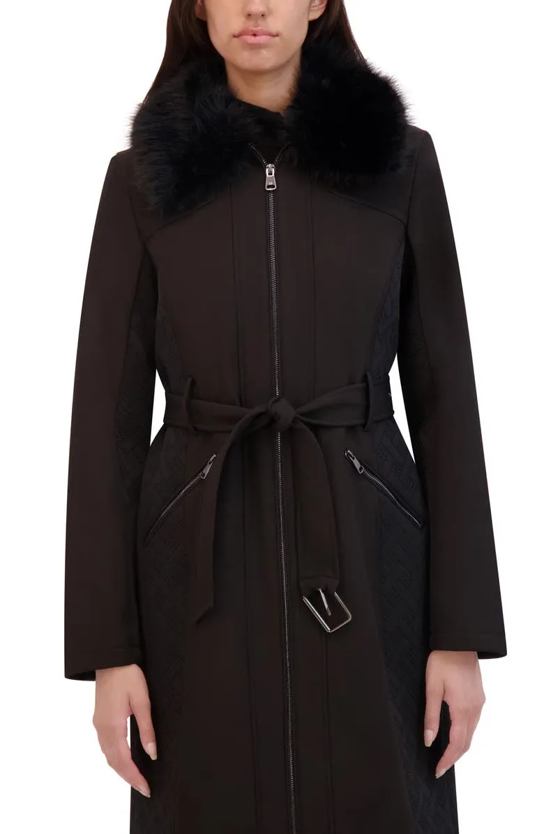 Belted Softshell Longline Coat with Faux Fur Trim