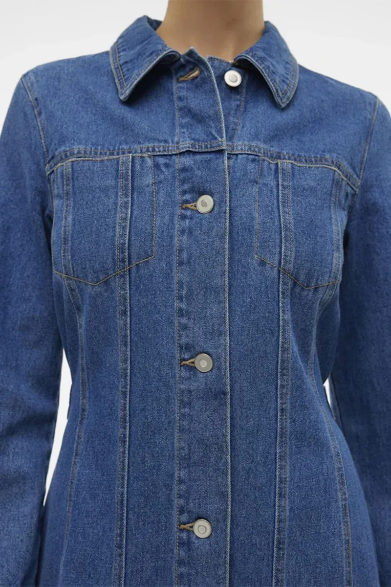 Denim Button Front Long Sleeve Dresses