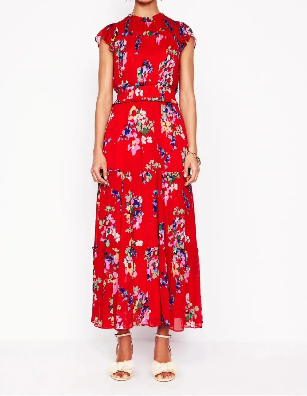 Red Floral High - Neck Midi Dress