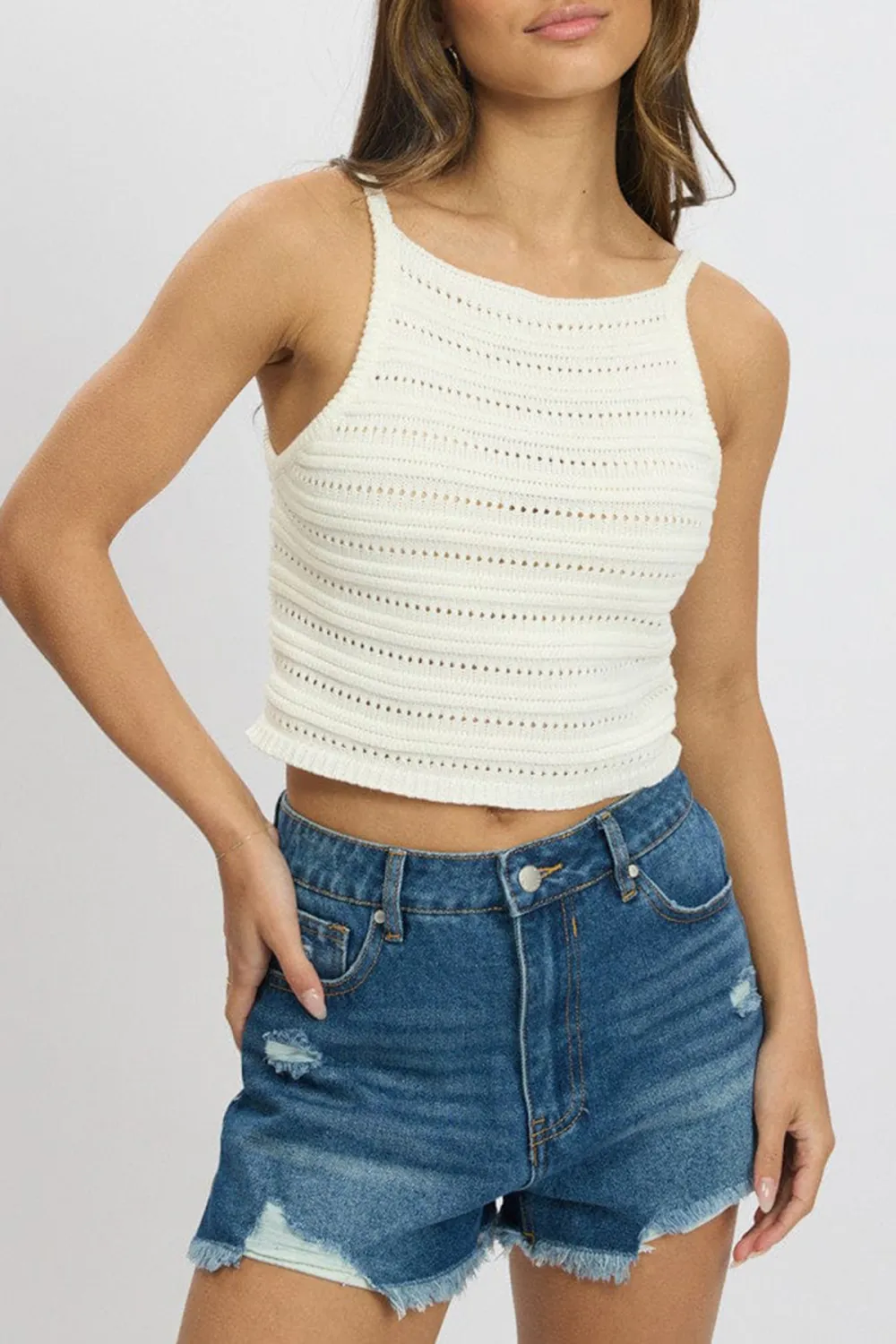 White Crochet Knit Tank Top