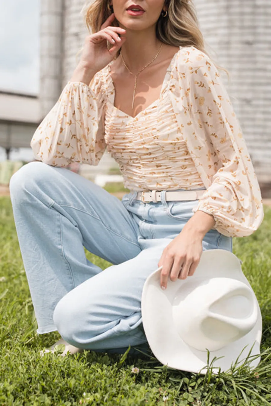 Tan Ruched Balloon Sleeve Floral Bodysuit