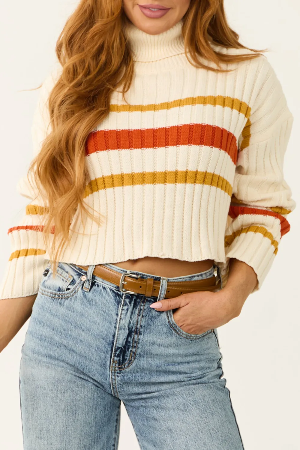 Cream Striped Turtleneck Cropped Sweater