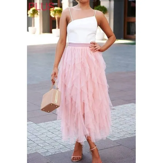 Irregular Hem Mesh Elastic High-Waist Tulle Skirt