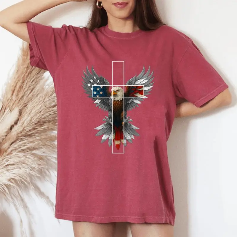American Flag Eagle Cross Christian 4Th Of July Patriotic Women's Oversized Comfort T-Shirt