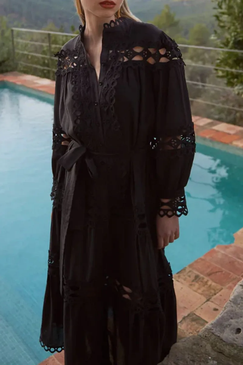 Lace Trimmed Long Sleeve Midi Dresses
