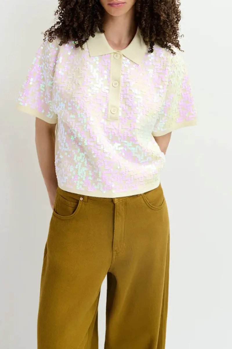 Sequin Embellished Polo Neck Tops