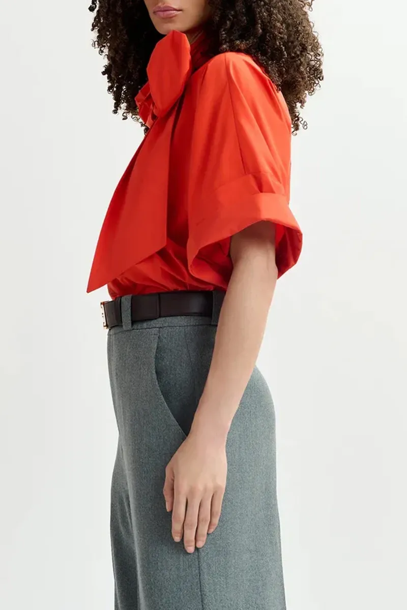 Bow Accent Cut Out Neckline Tops