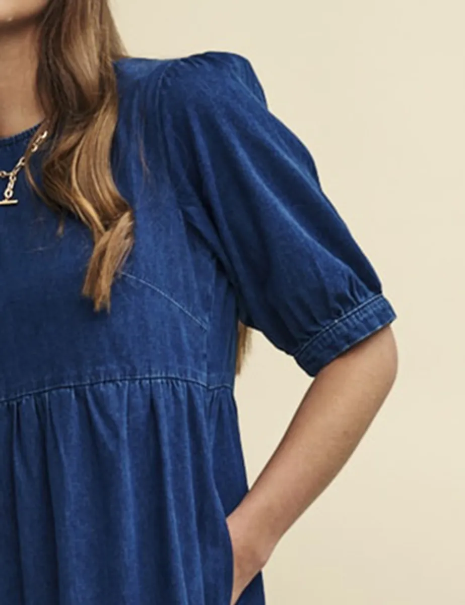 Denim Tiered Skirt Midi Dress