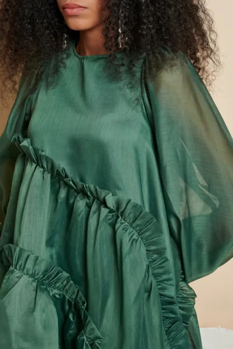 Green Ruffled Organza Mini Dresses