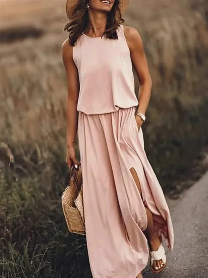 Pink Holiday Cotton-Blend Solid Round Neck Weaving Dress