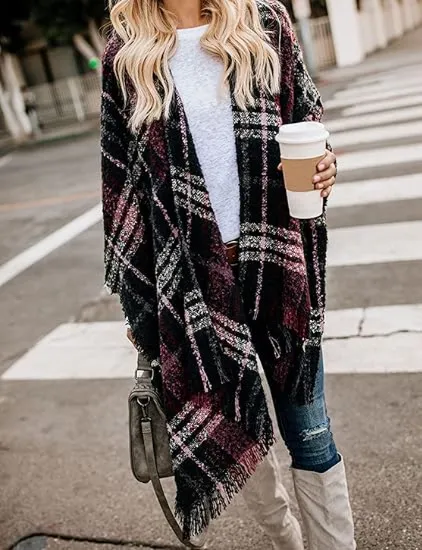 🎁Christmas Gifts🎁Women's Warm Plaid Poncho - Boho Open Front Shawl Wrap with Tassel