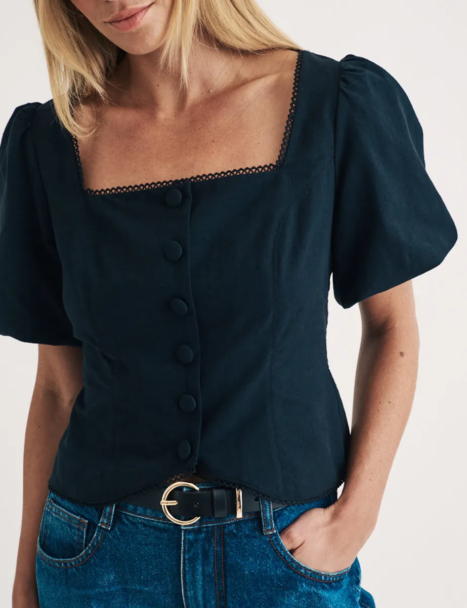 Black Puff Sleeve Button Down Blouse