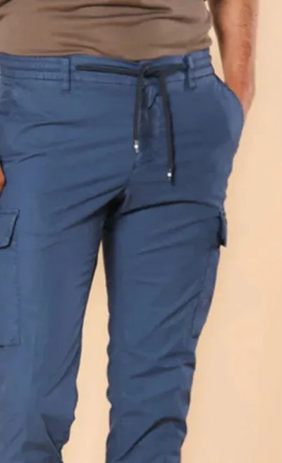 Men's Blue Slim Fit Parachute Fabric Cargo Pants with Large Pockets