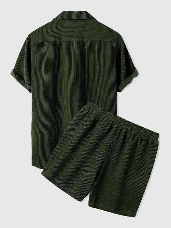 Men'S Retro Corduroy Casual Lapel Solid Button Short Sleeve Shirt Shorts Set