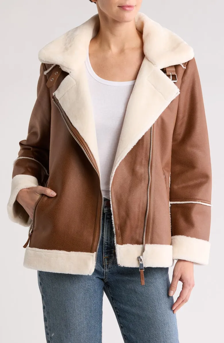 Faux Fur Trimmed Faux Leather Moto Jacket