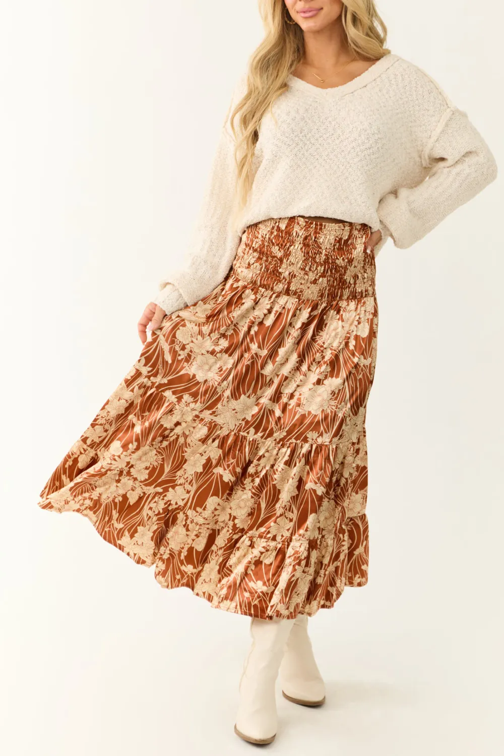 Burnt Orange Floral Print Satin Skirt