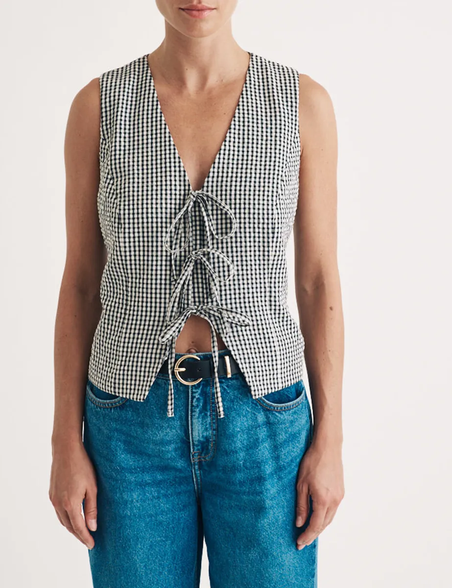 Black Gingham Tie Front Waistcoat