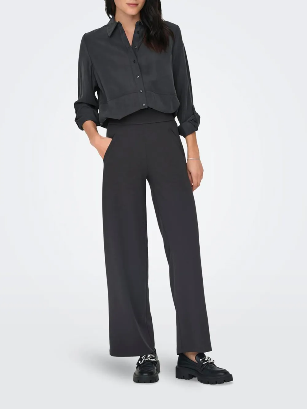 Wide-Leg Smooth Fabric Casual Style Pants