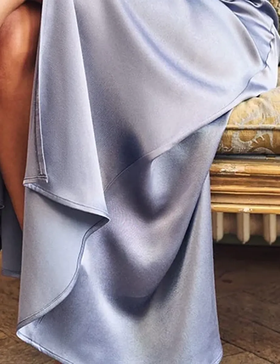 Blue Satin Button Front Maxi Dress