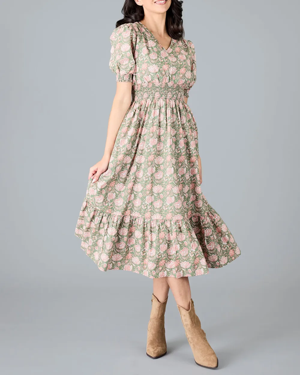 Green Pink Floral Print Midi Dress