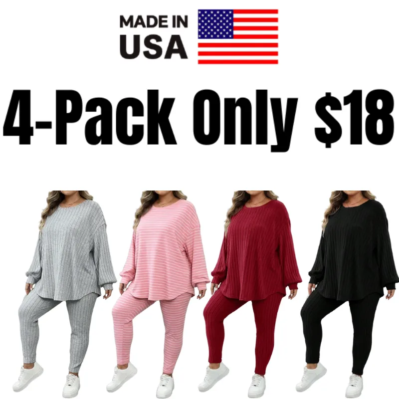 Plus Size Women's Autumn-Winter Ribbed 2pc Drop Shoulder Set