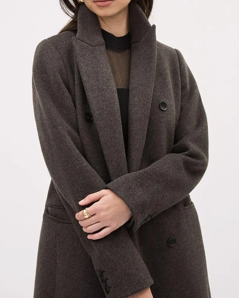 Elegant Gray Wool Blend Long Coat with Waist Belt