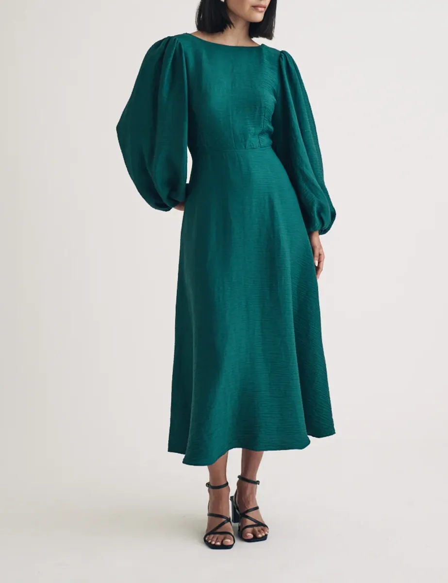 Emerald Green Balloon Sleeve Midi Dress