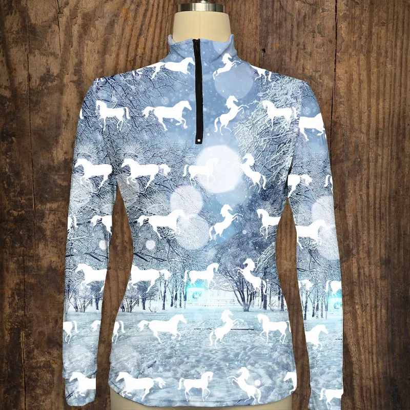 Four Seasons Women's Equestrian Style Horse Print Long Sleeve Casual Shirt