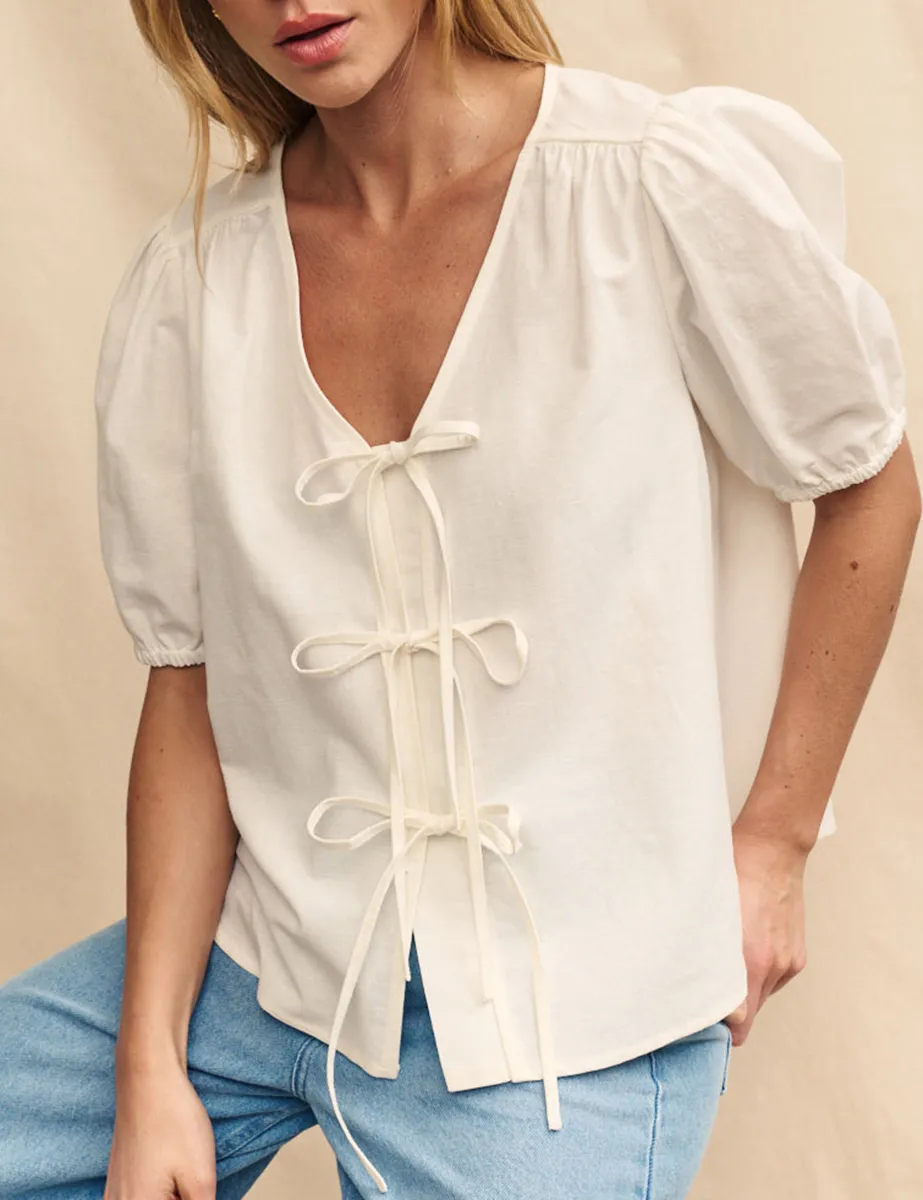 White Linen-blend Tie Front Blouse