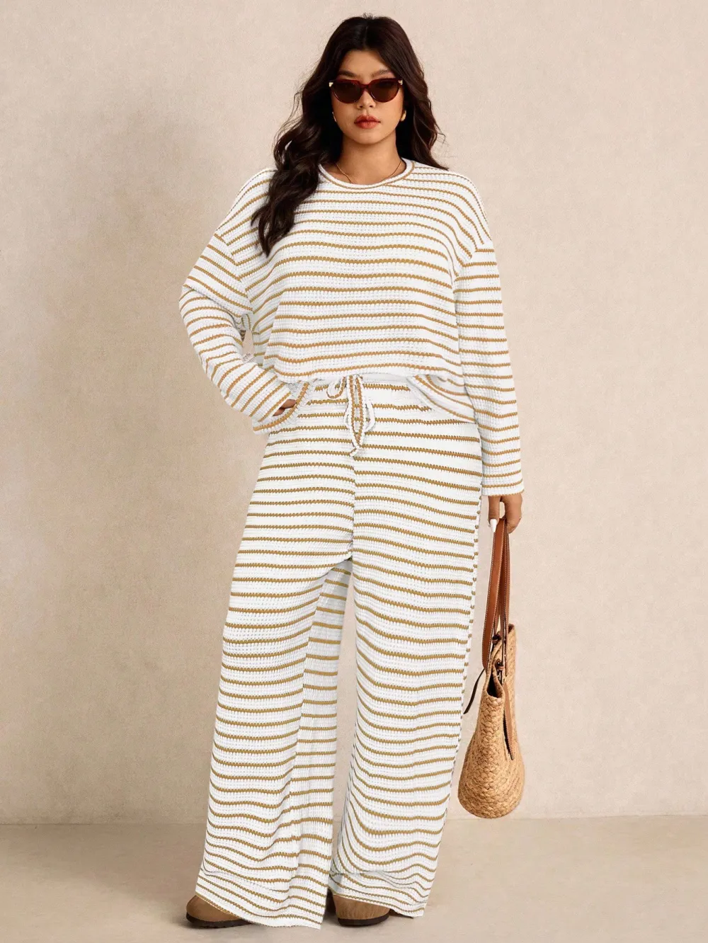Women's Plus Size Loose Striped Long Sleeve 2pc Set