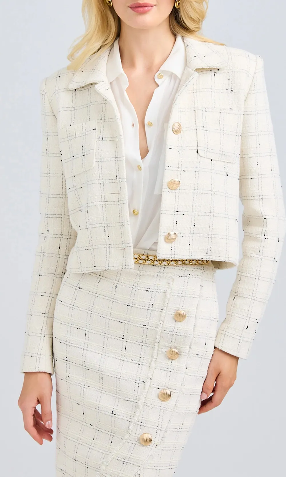 White Windowpane Tweed Skirt