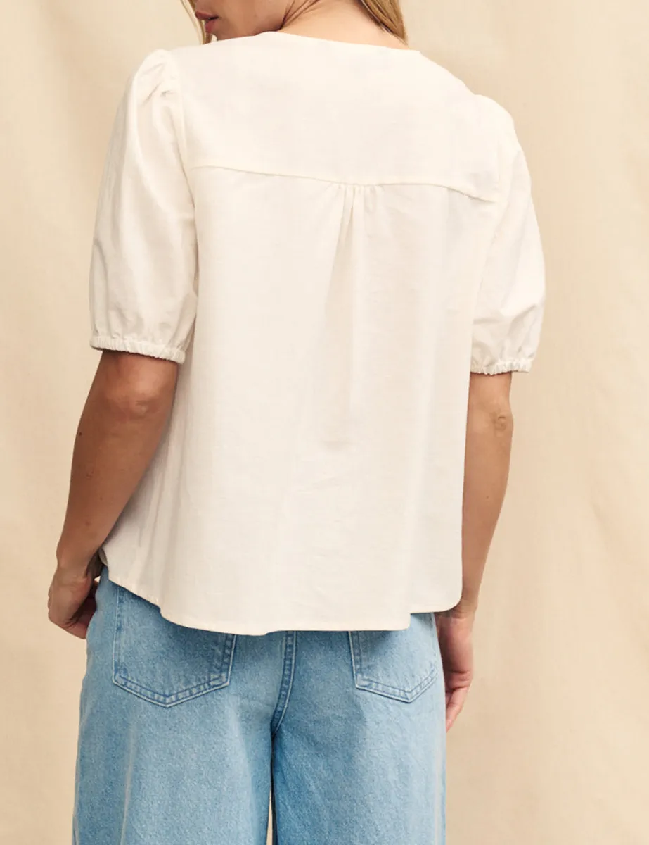 White Linen-blend Tie Front Blouse