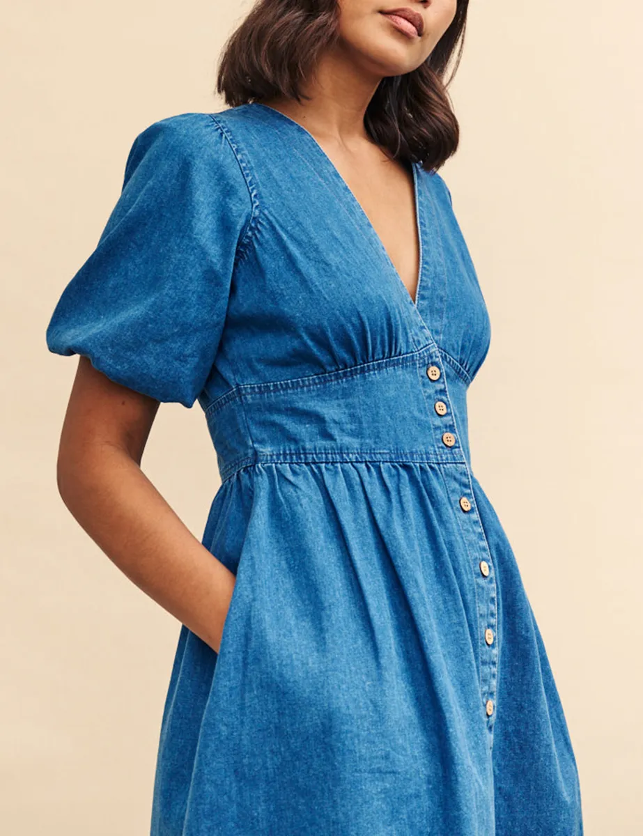 Denim Button Front Puff Sleeve Mini Dress