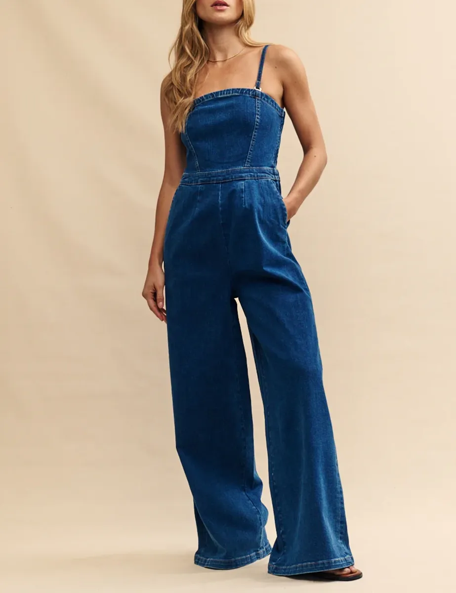 Medium Blue Wash Denim Overall Jumpsuit
