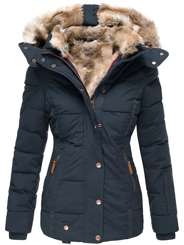 Women's Winter Parka Fleece Lined Puffer Jacket with Hood Pink Zipper Warm Coat with Pocket Active Comfortable Street Style Outerwear Long Sleeve