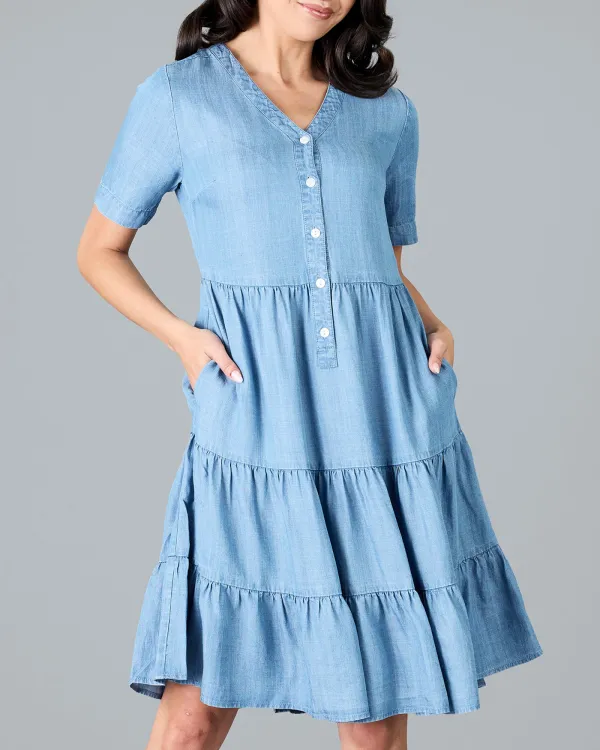 Medium Blue Wash Button Down Ruffled Dress