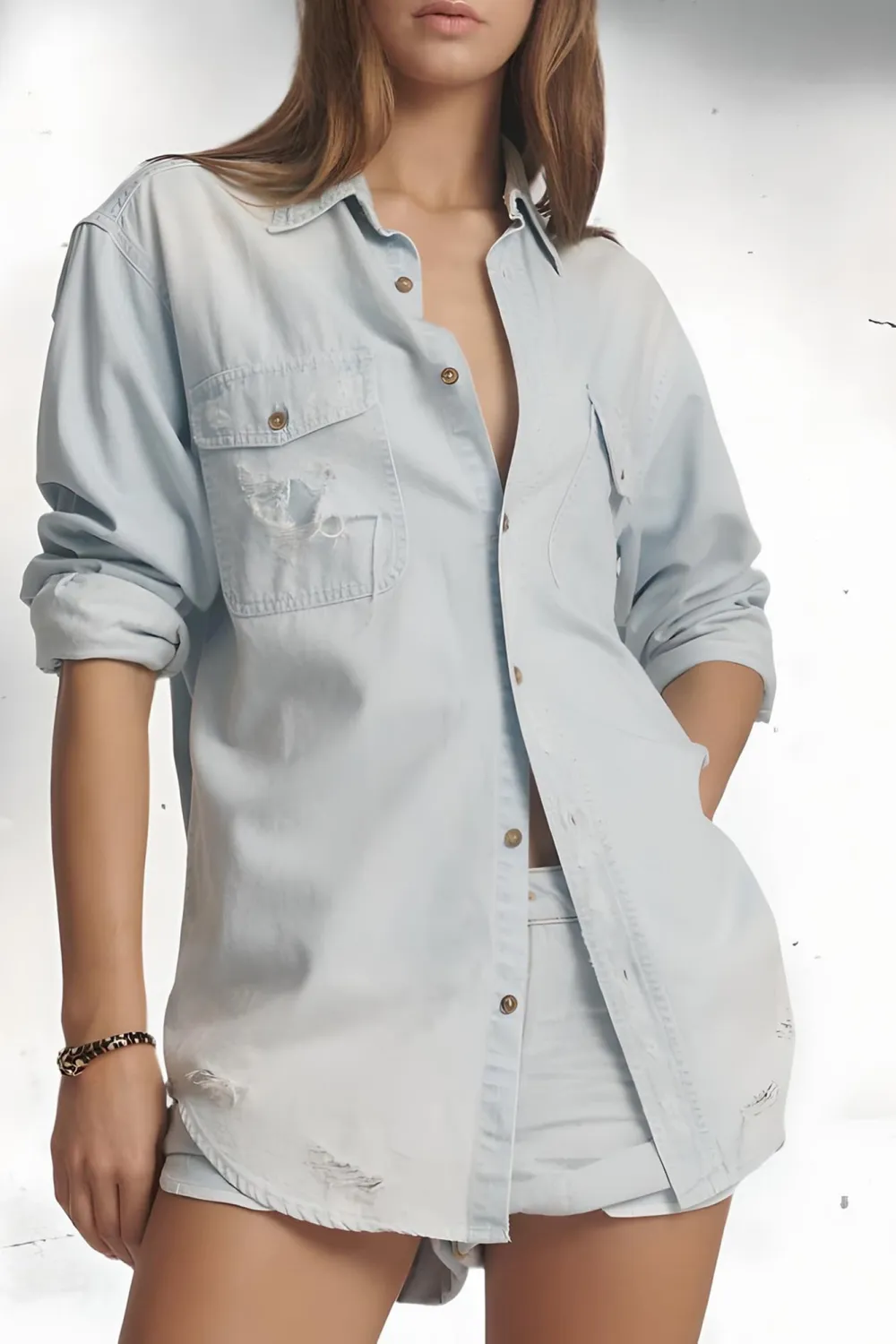 Retro Minimalist Lazy Style Light Blue Long-Sleeved Shirt