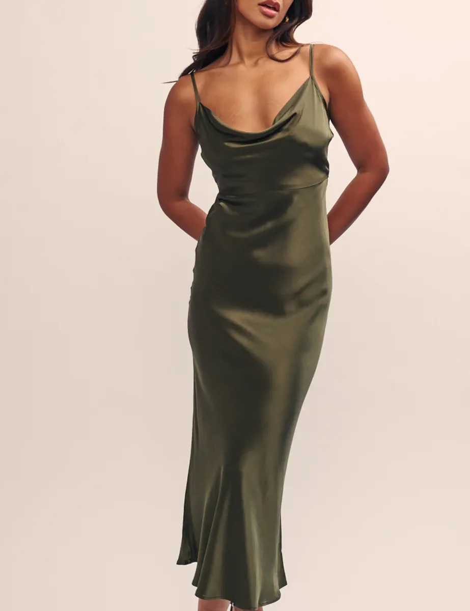 Green Satin Cowl Neck Midi Dress