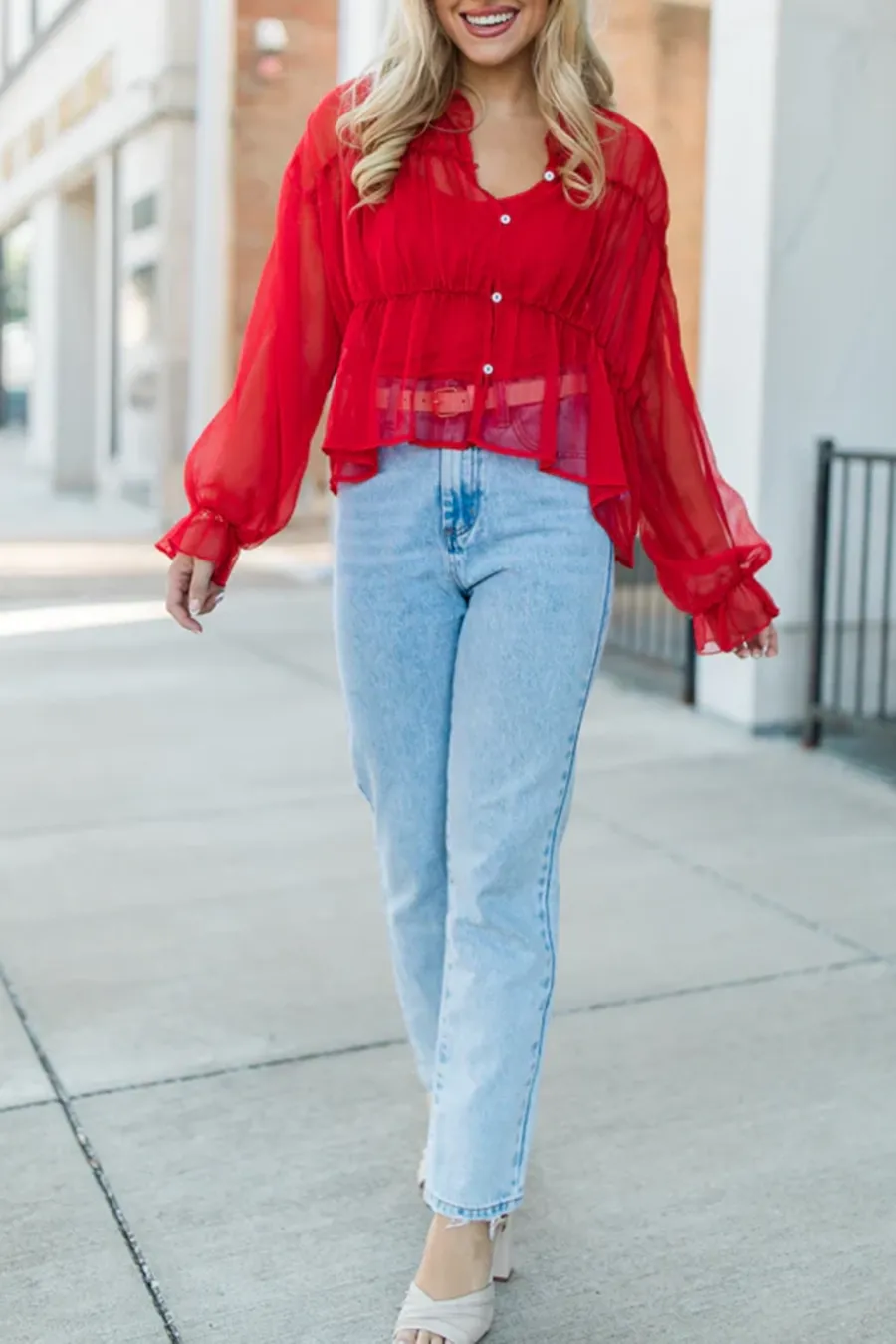 Red Sheer Ruched Blouse