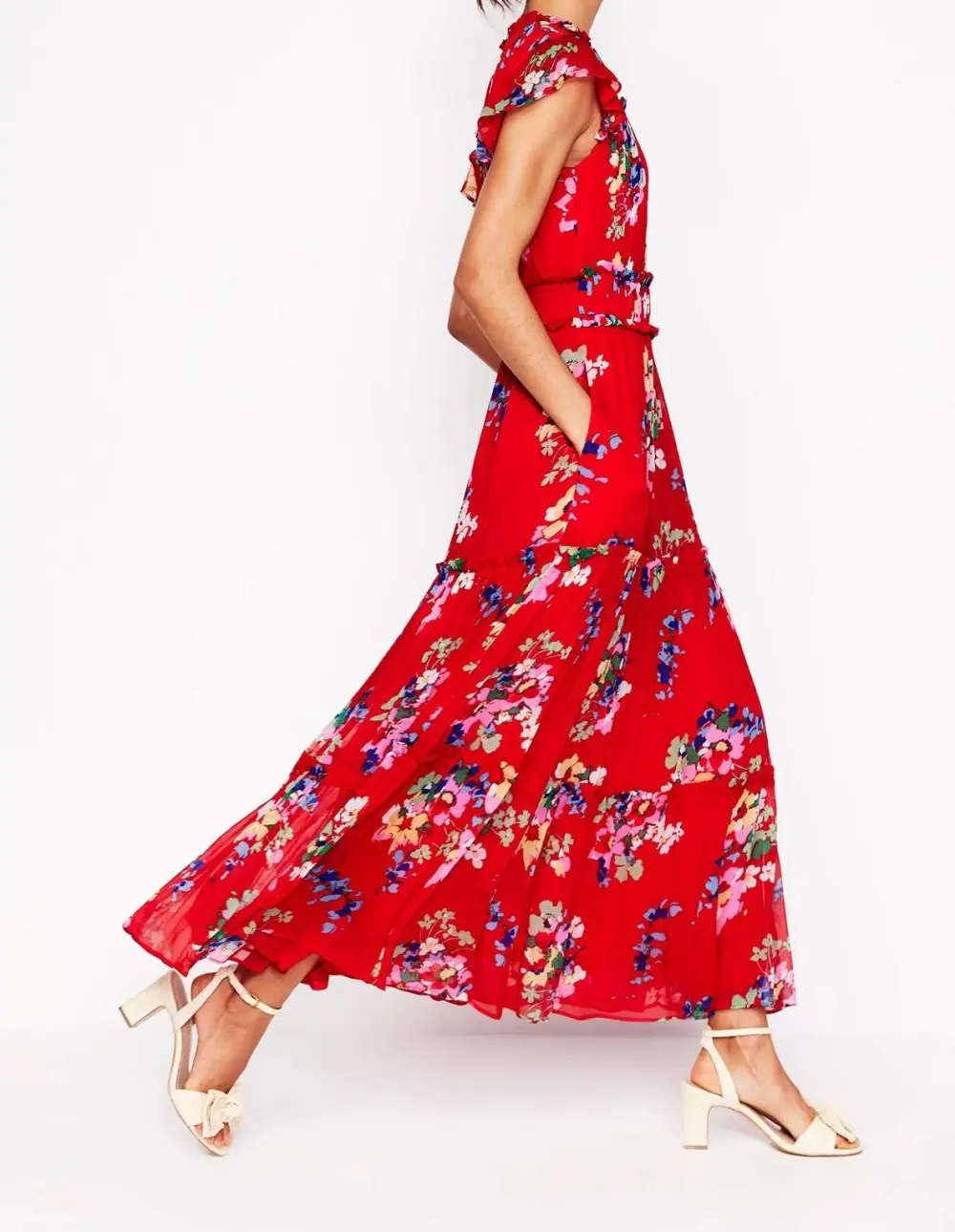 Red Floral High - Neck Midi Dress