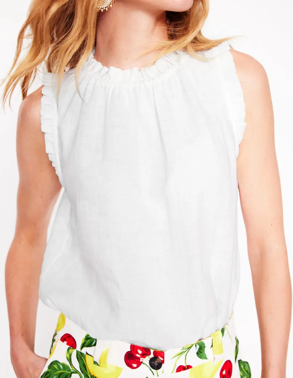 White Ruffled Linen Sleeveless Top