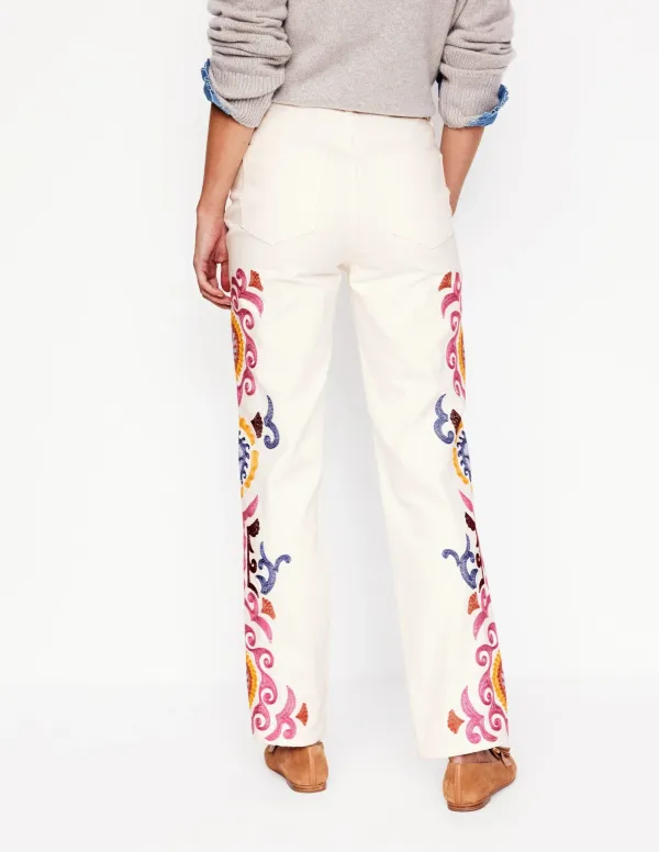 White Embroidered - Detail Wide - Leg Jeans