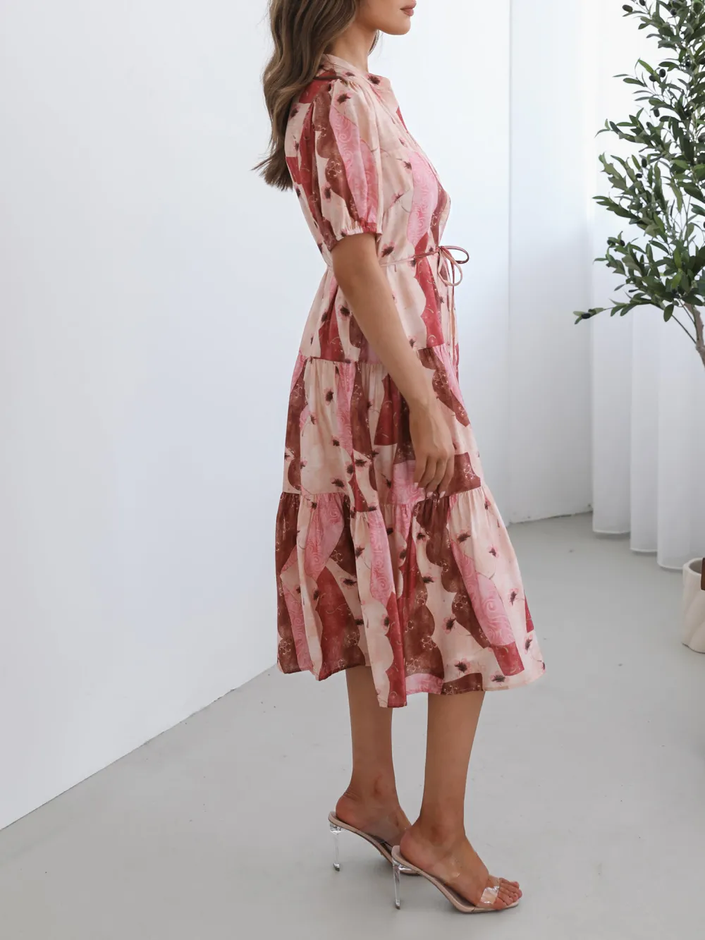 Multi Print Short Puff Sleeves Dress